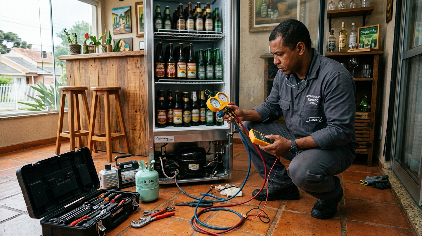 Técnico realizando manutenção de motor de cervejeira no João Paulo, Florianópolis‑SC
