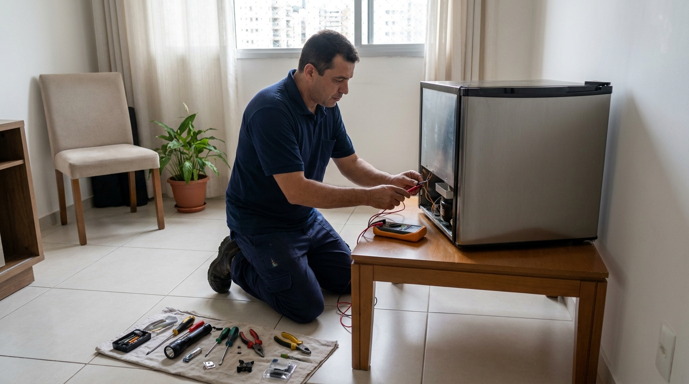 Técnico realizando manutenção de motor de frigobar na Armação do Pântano do Sul, Florianópolis‑SC