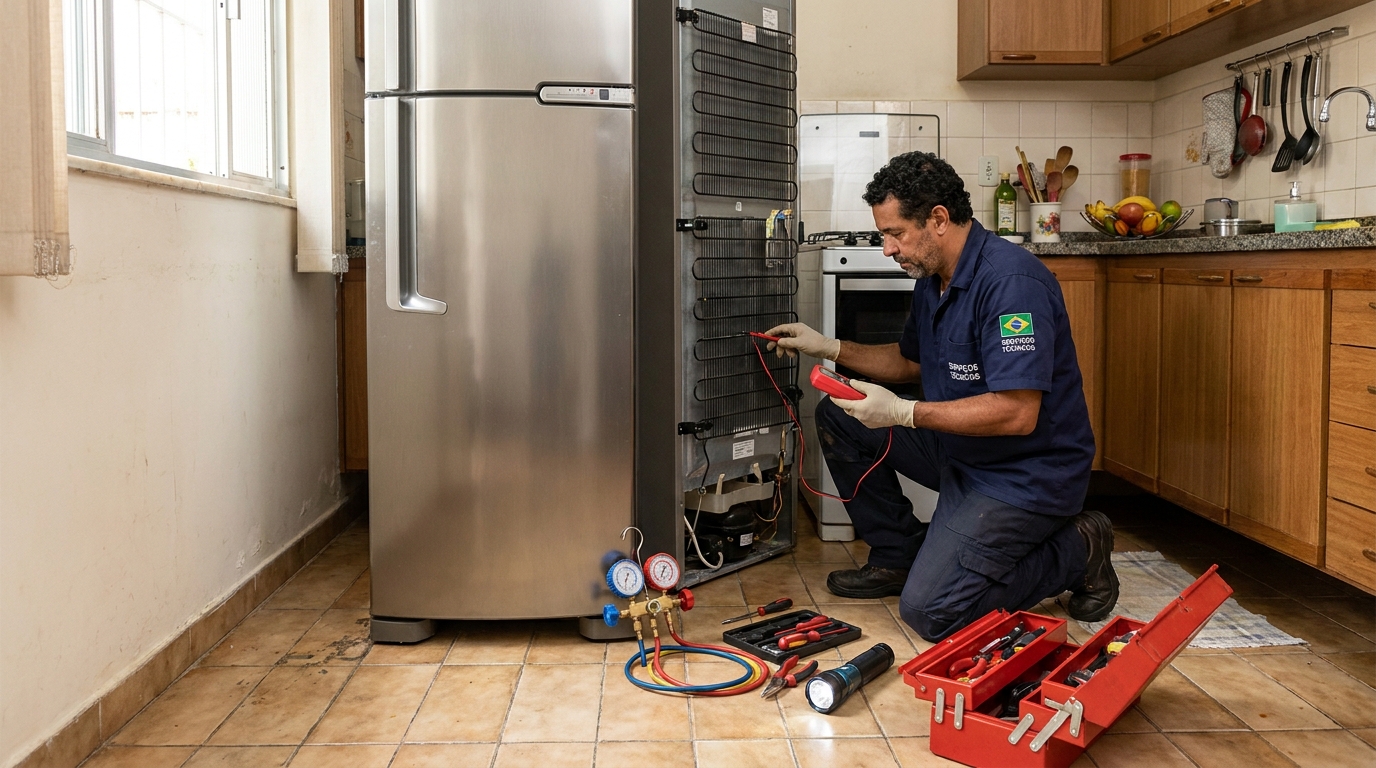Técnico realizando manutenção de motor de geladeira na Vargem Grande, Florianópolis‑SC