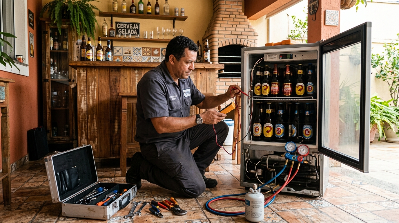Recarga de gás refrigerante em cervejeira em atendimento no João Paulo, Florianópolis‑SC