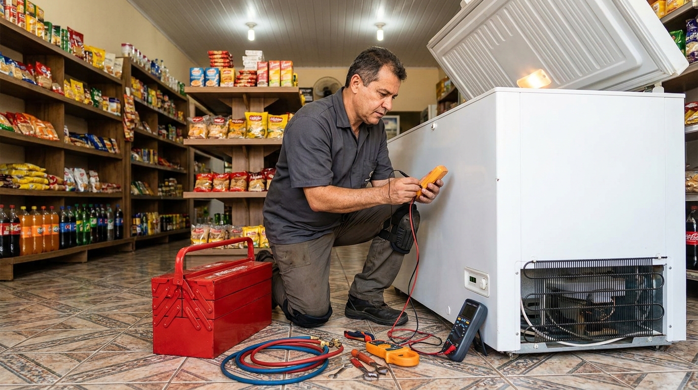 Recarga de gás refrigerante em freezer em atendimento na Caieira da Barra do Sul, Florianópolis‑SC