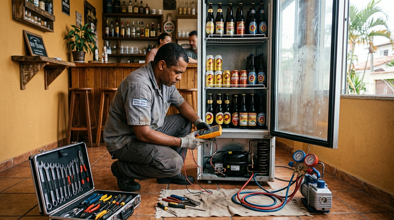 Troca de termostato de cervejeira em atendimento técnico no João Paulo, Florianópolis‑SC