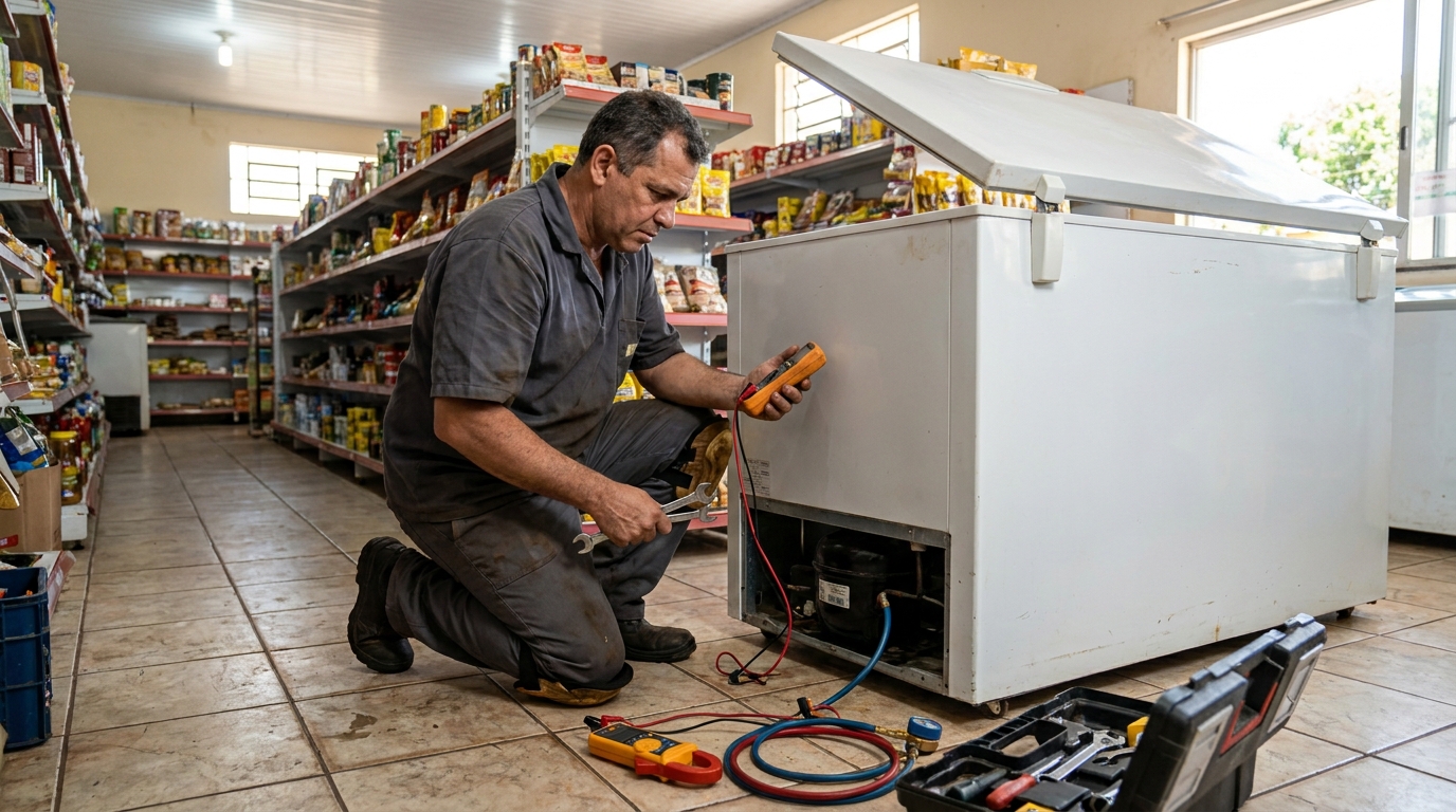 Troca de termostato de freezer em atendimento técnico na Caieira da Barra do Sul, Florianópolis‑SC